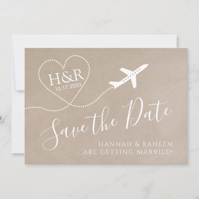 Aeroplane Monogram Kraft Destination Wedding Save The Date (Front)