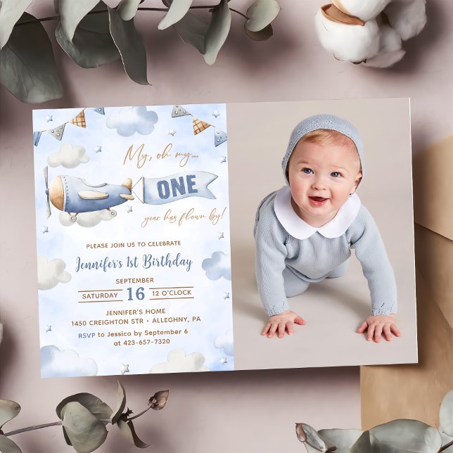 Aeroplane Oh My Time Flies Travel 1st Birthday  Invitation (Creator Uploaded)