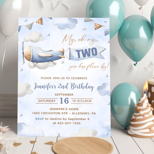 Aeroplane Oh My Time Flies Travel 2nd Birthday  Invitation (Creator Uploaded)