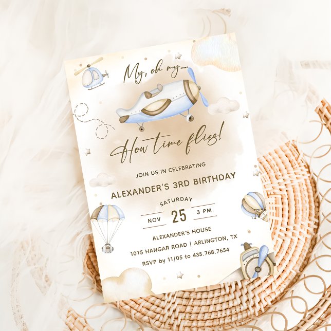 Aeroplane Oh My Time Flies Travel 3rd Birthday  Invitation (Creator Uploaded)