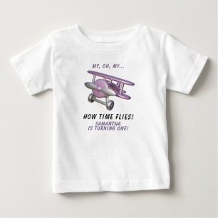 Aeroplane Oh My Time Flies Travel First Birthday  Baby T-Shirt