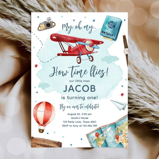 Aeroplane Oh My Time Flies Travel First Birthday Invitation (Creator Uploaded)