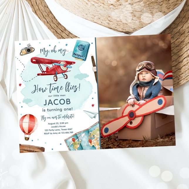 Aeroplane Oh My Time Flies Travel First Birthday Invitation (Creator Uploaded)