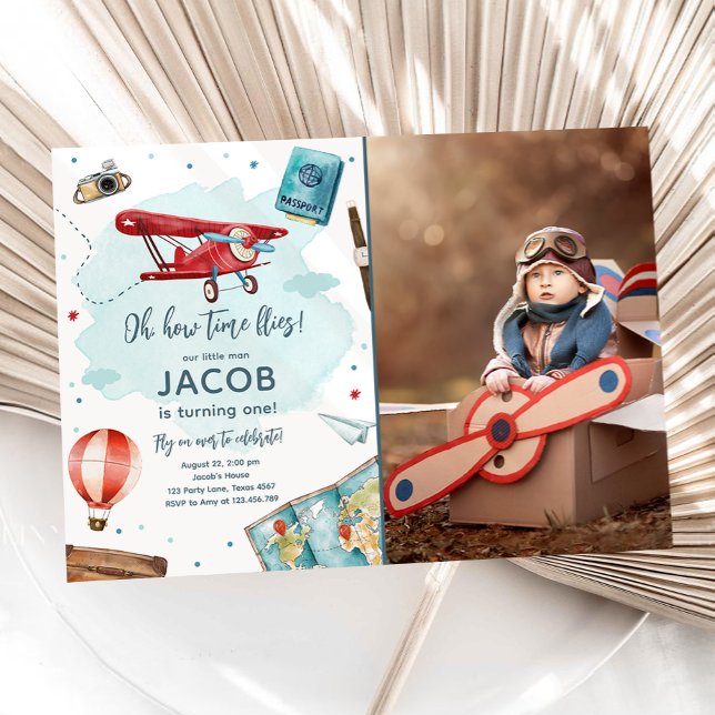 Aeroplane Oh My Time Flies Travel First Birthday Invitation (Creator Uploaded)