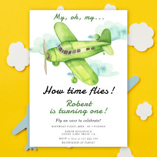 Aeroplane Oh My Time Flies Travel First Birthday Invitation