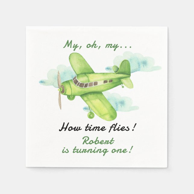 Aeroplane Oh My Time Flies Travel First Birthday  Napkin (Front)