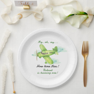 Aeroplane Oh My Time Flies Travel First Birthday  Paper Plate