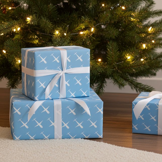 Aeroplane on Blue, Fun Elegant Pilot, Kids Birthda Wrapping Paper (Airplane wrapping paper)