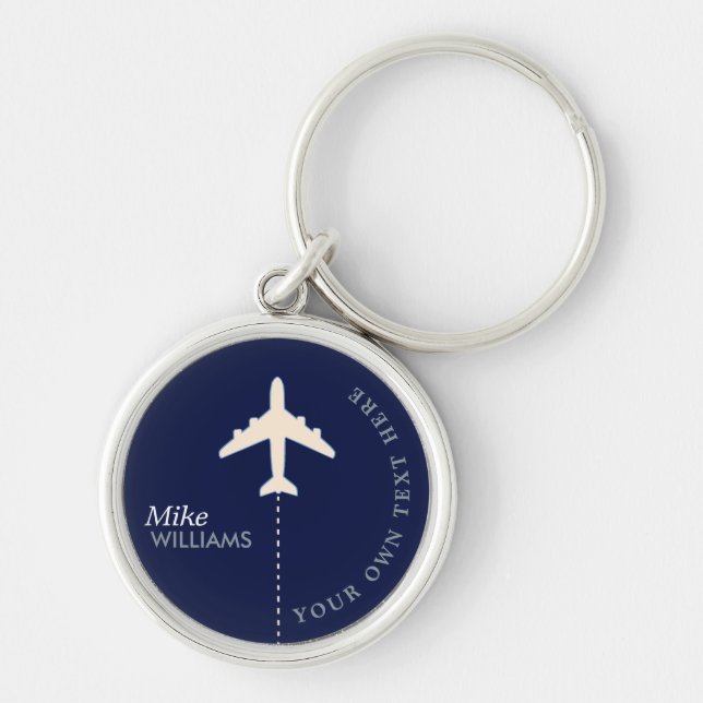 aeroplane on blue keychain with name (Front)