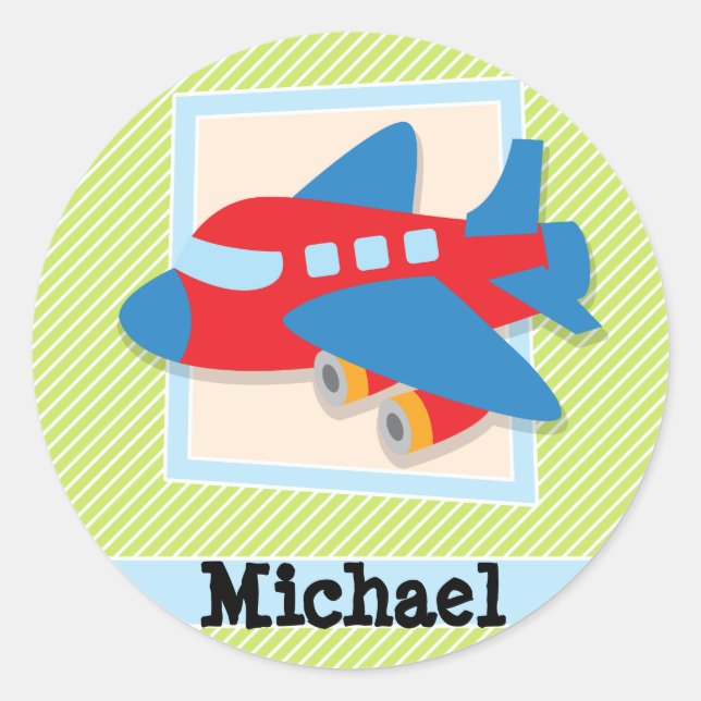 Aeroplane on Lime Green & White Stripes Classic Round Sticker (Front)
