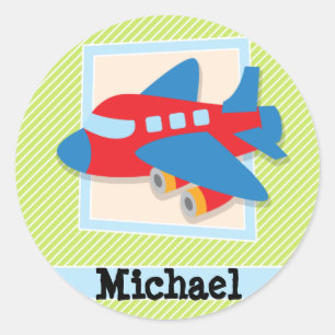 Aeroplane on Lime Green & White Stripes Classic Round Sticker
