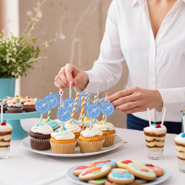 Aeroplane on Sky Blue Personalised Birthday Classic Round Sticker (Creator Uploaded)