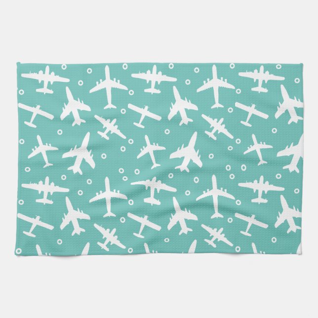 Aeroplane Pattern Aqua Blue and White Aviation Tea Towel (Horizontal)