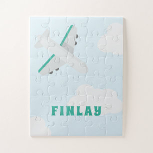 Aeroplane Personalised Name Boys Blue and Teal Jigsaw Puzzle