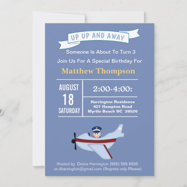 Aeroplane Pilot Birthday Party Invitation for Kids (Front)