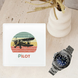 Aeroplane Pilot Retro Sunset Fun Aviation Biplane Glass Coaster