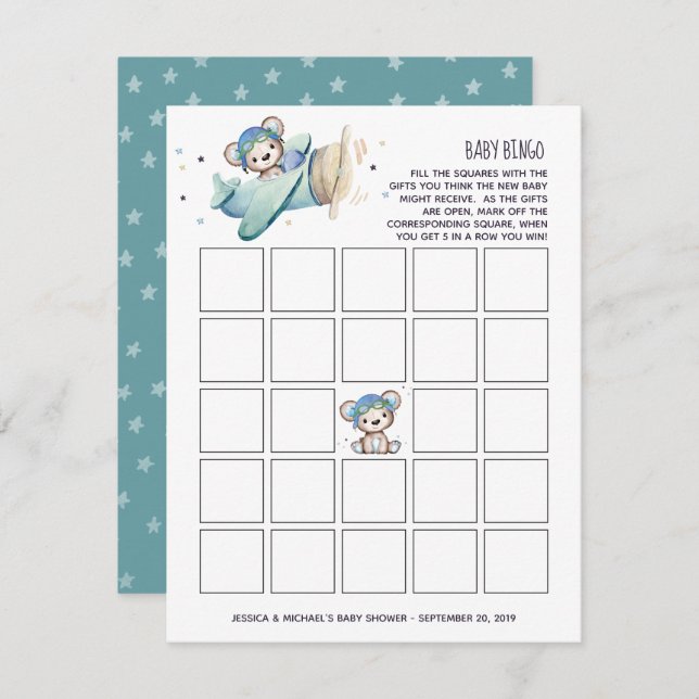 Aeroplane Pilot Teddy Bear Baby Bingo Invitation (Front/Back)