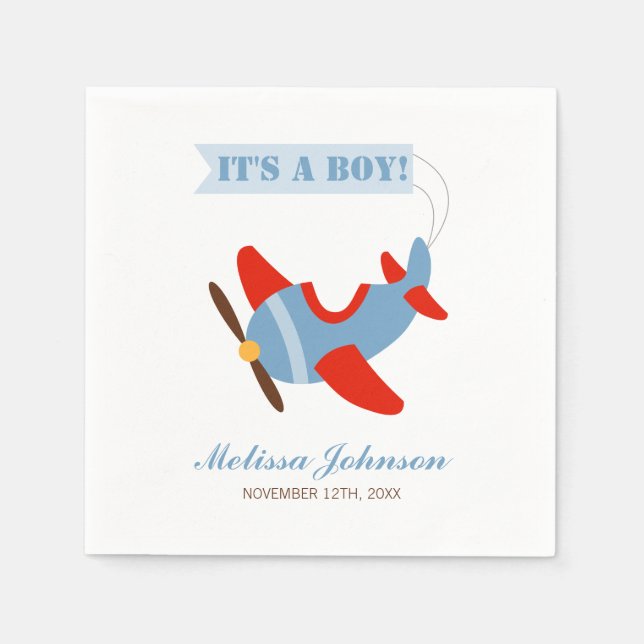 Aeroplane Red Blue Boy Baby Shower Napkin (Front)