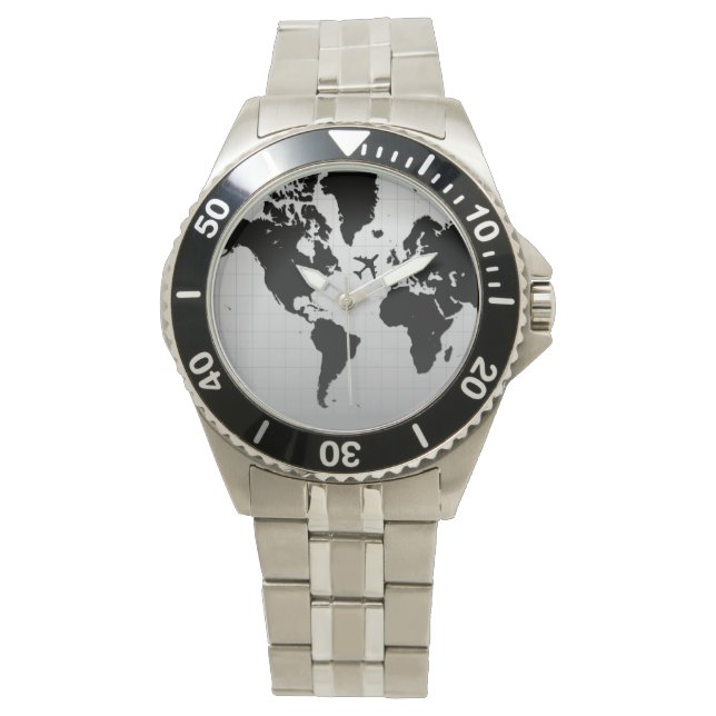 aeroplane silhouette over black world map watch (Front)