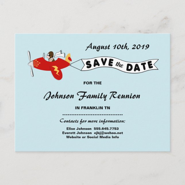 Aeroplane Sky Banner Family Reunion Save the Date Announcement Postcard (Front)