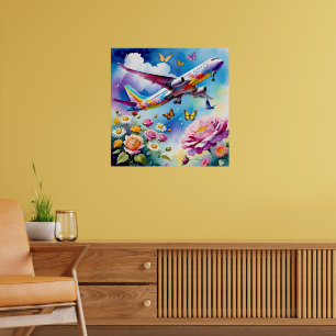Aeroplane Soaring Over Roses with Butterflies Poster
