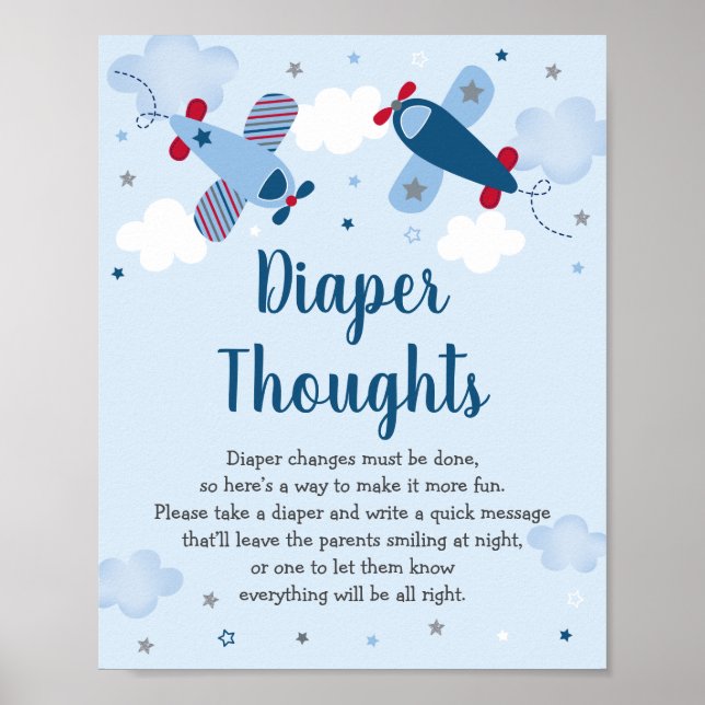Aeroplane Stars Clouds Baby Shower Diaper Thoughts Poster (Front)