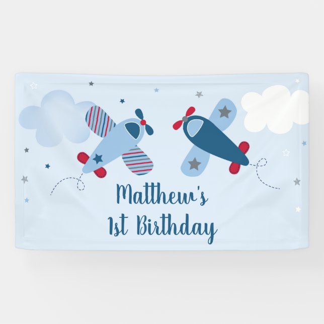 Aeroplane Stars Clouds Boy Birthday Banner (Horizontal)