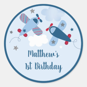 Aeroplane Stars Clouds Boy Birthday Classic Round Sticker