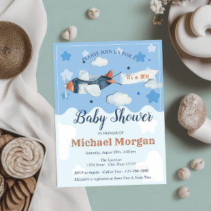 Aeroplane Stars Clouds It's a BOY Baby Shower Invitation