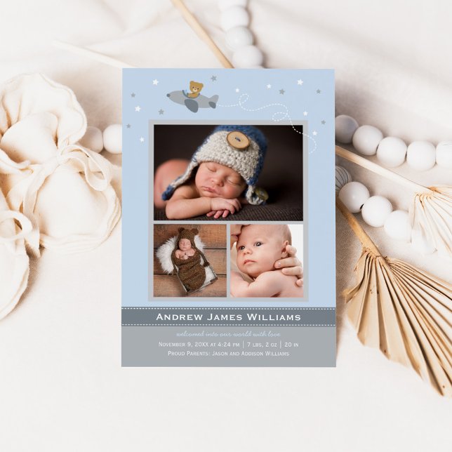 Aeroplane Teddy Baby Boy Blue and Grey Photo Birth Announcement (Creator Uploaded)
