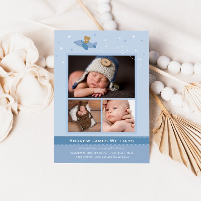 Aeroplane Teddy Baby Boy Blue and Slate Photo Birt Announcement (Creator Uploaded)