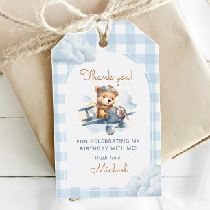 Aeroplane Teddy Bear Blue 1st Birthday Gift Tags
