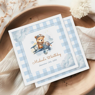 Aeroplane Teddy Bear Blue 1st Birthday Napkin