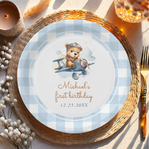 Aeroplane Teddy Bear Blue 1st Birthday Paper Plate
