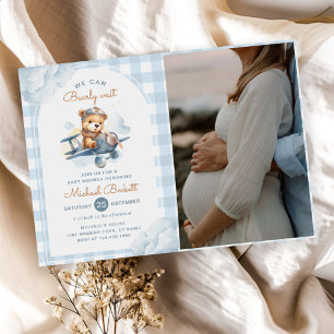 Aeroplane Teddy Bear Blue Boy Baby Shower Photo Invitation