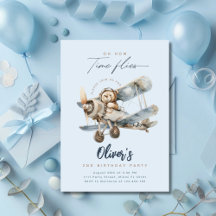 Aeroplane Teddy Bear Blue Time Flies Birthday