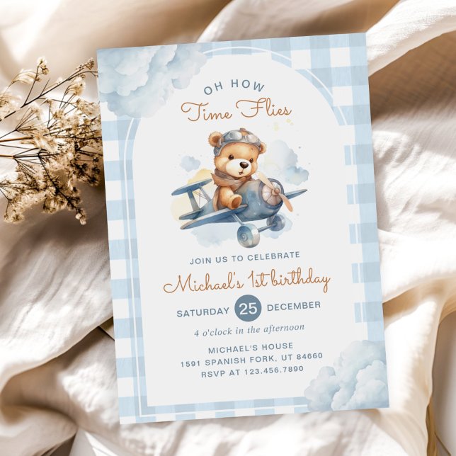 Aeroplane Teddy Bear Blue Time Flies Birthday Invitation (Creator Uploaded)