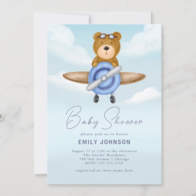 Aeroplane Teddy Bear Boy Baby Shower Invitation (Front)