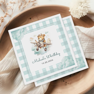 Aeroplane Teddy Bear Pastel Gingham 1st Birthday Napkin
