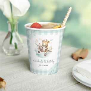 Aeroplane Teddy Bear Pastel Gingham 1st Birthday Paper Cups