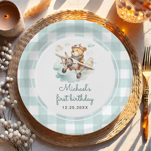 Aeroplane Teddy Bear Pastel Gingham 1st Birthday Paper Plate (Creator Uploaded)