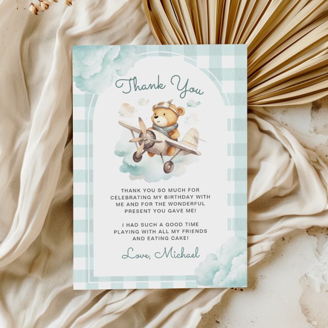Aeroplane Teddy Bear Pastel Gingham 1st Birthday Thank You Card (Creator Uploaded)