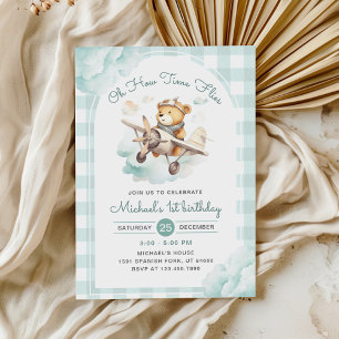 Aeroplane Teddy Bear Pastel Time Flies Birthday Invitation