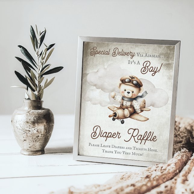 Aeroplane Teddy Bear Shower Diaper Raffle Sign ("Special Delivery Via Airmail  It's A Boy!" Teddy Bear | Airplane Baby Shower Diaper Raffle Sign)