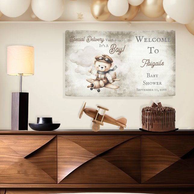 Aeroplane Teddy Bear Special Delivery Baby Shower Banner (Cute "Special Delivery Via Airmail . . . It's A Boy!" Teddy Bear | Airplane Baby Shower Banner)