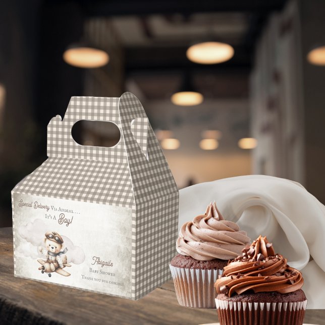 Aeroplane Teddy Bear Special Delivery Baby Shower Favour Box (Cute "Special Delivery Via Airmail . . . It's A Boy!" Teddy Bear | Airplane Baby Shower Favor Boxes)