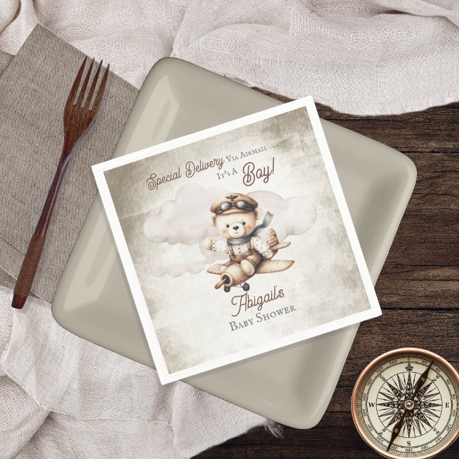 Aeroplane Teddy Bear Special Delivery Baby Shower Napkin (Cute "Special Delivery Via Airmail . . . It's A Boy!" Teddy Bear Airplane Baby Shower Paper Napkins)