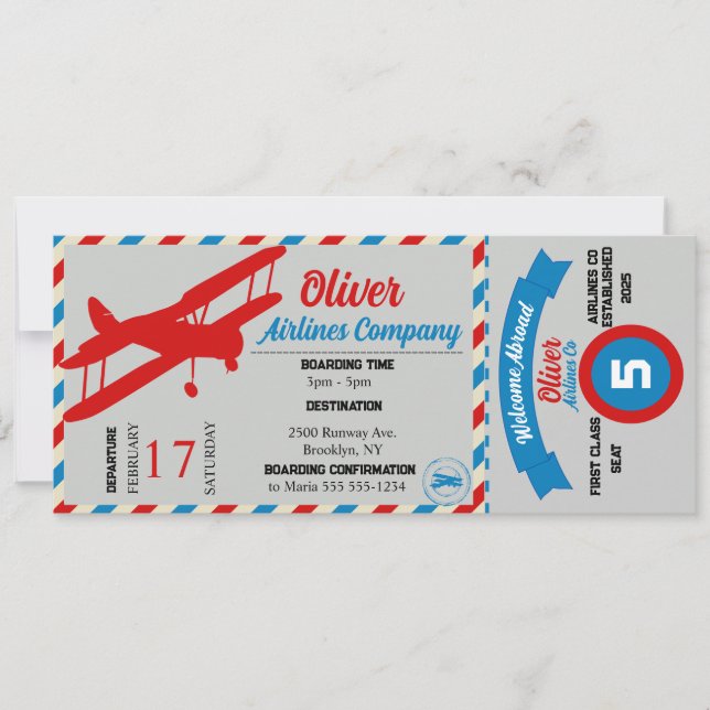  Aeroplane Ticket Birthday Party Invitation (Front)