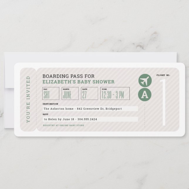 Aeroplane ticket travel theme neutral baby shower invitation (Front)