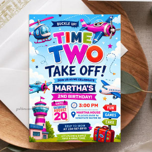 Aeroplane Time Two Take Off 2nd Girl Birthday Invitation